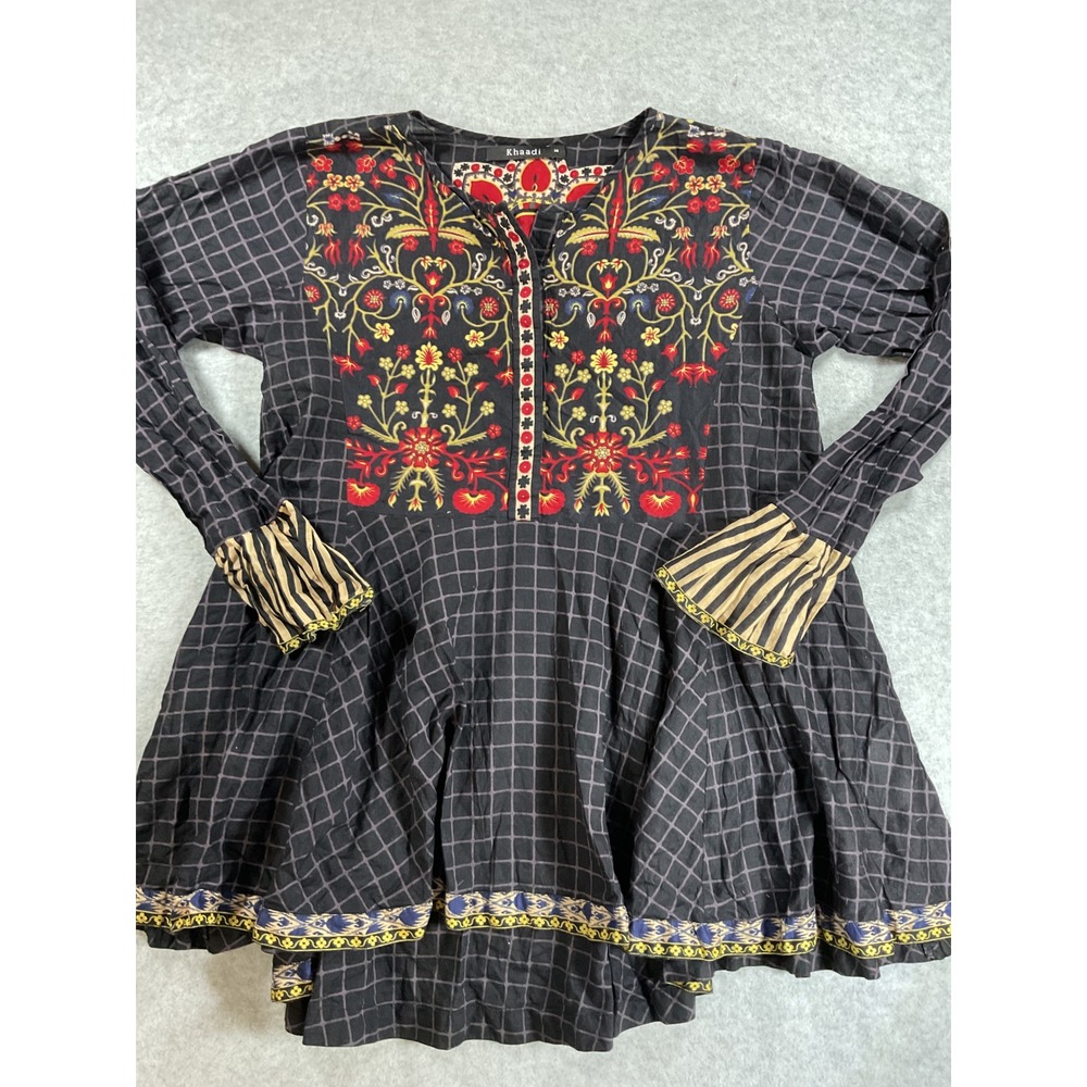 Khaadi Womens Black Embroidered Cotton Tunic Top Size 14 Floral Blouse 1807